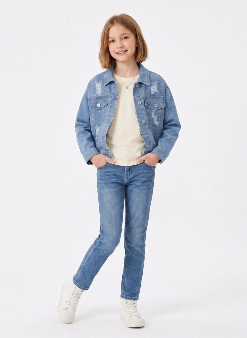 CHAQUETA DE MEZCLILLA NIÑA CON BRILLOS Y RASGADOS DENIM - 2