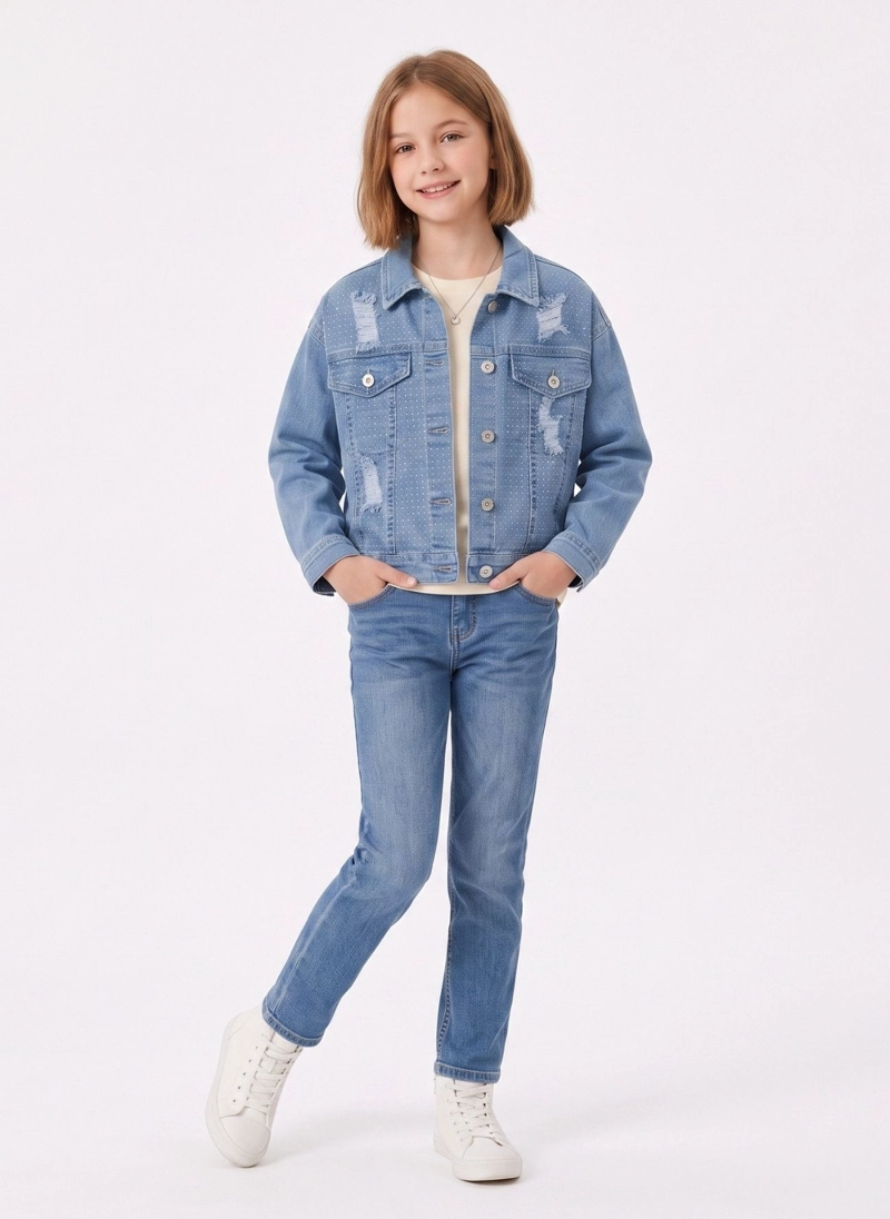 CHAQUETA DE MEZCLILLA NIÑA CON BRILLOS Y RASGADOS DENIM - 3