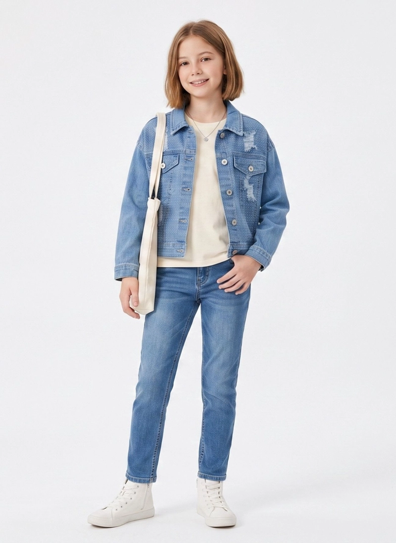 CHAQUETA DE MEZCLILLA NIÑA CON BRILLOS Y RASGADOS DENIM - 5