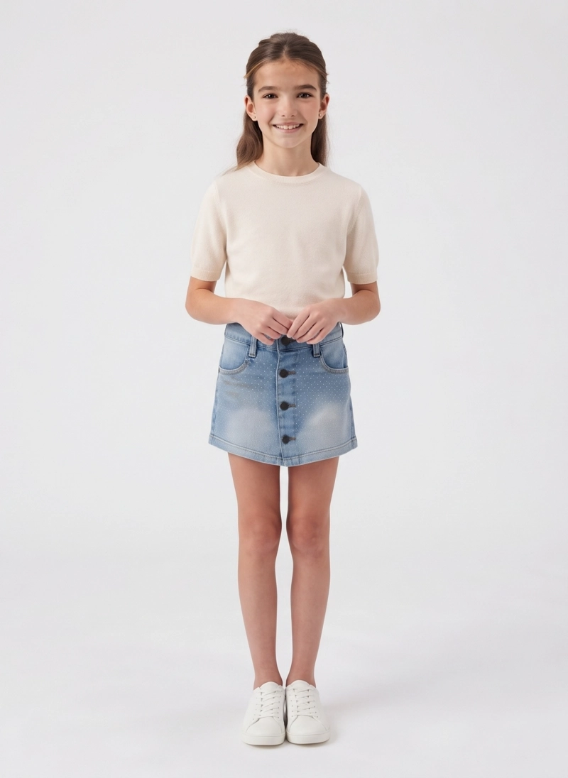 FALDA CORTA DE MEZCLILLA PARA NIÑA CON BRILLOS Y BOTONES - 1