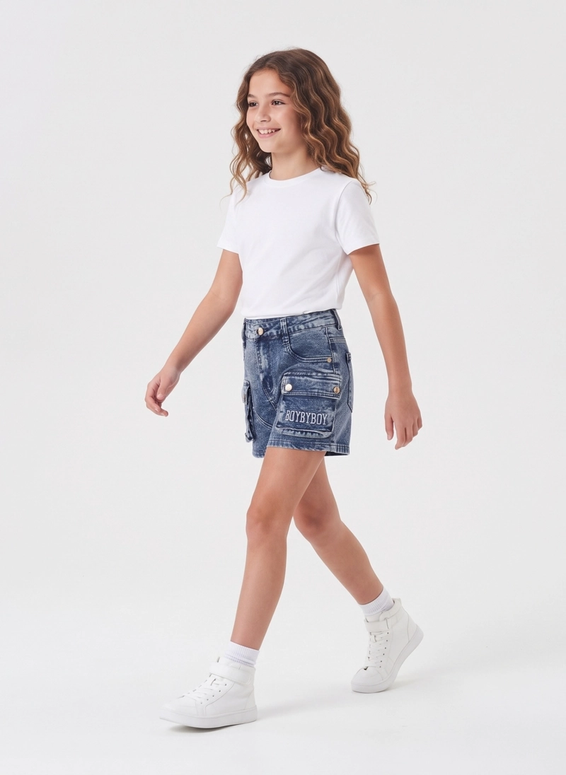 SHORT DENIM NIÑA CARGO KIBOU CON BOLSILLOS - 1
