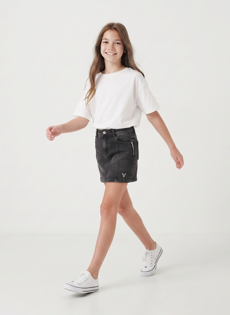 FALDA JEANS NIÑA CON CIERRES MEZCLILLA URBANA TRENDY - 1