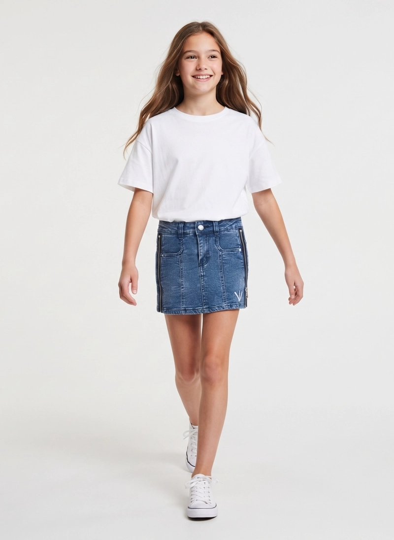 FALDA JEANS NIÑA CON CIERRES MEZCLILLA URBANA TRENDY - 1