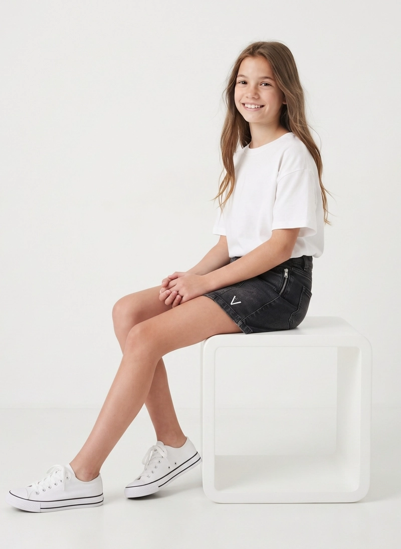 FALDA JEANS NIÑA CON CIERRES MEZCLILLA URBANA TRENDY - 3