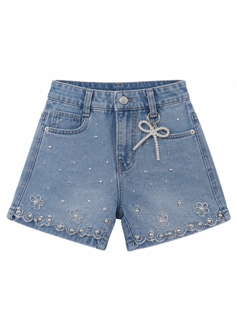 SHORT JEANS NIÑA CON PERLAS Y BORDADO DENIM CELESTE - 4