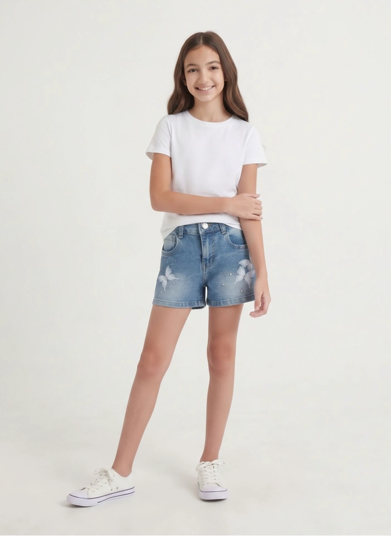 SHORT DENIM NIÑA MEZCLILLA CON MARIPOSAS Y BRILLOS - 1