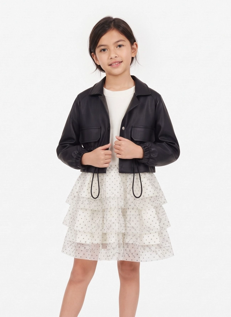 CONJUNTO NIÑA CHAQUETA CUERO Y VESTIDO TUL ELEGANTE - 1