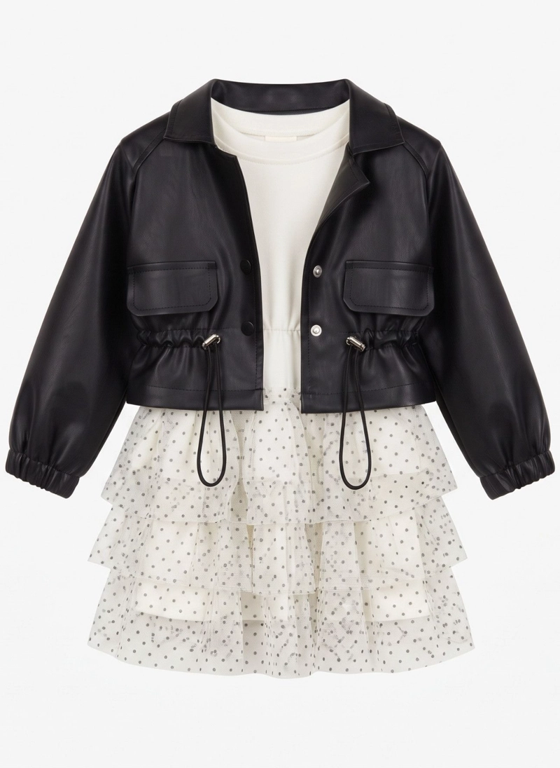 CONJUNTO NIÑA CHAQUETA CUERO Y VESTIDO TUL ELEGANTE - 2