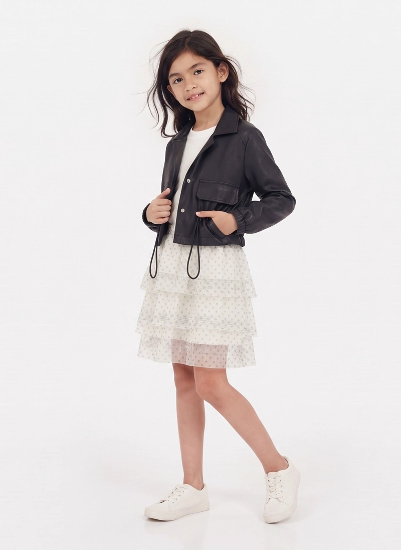 CONJUNTO NIÑA CHAQUETA CUERO Y VESTIDO TUL ELEGANTE - 3
