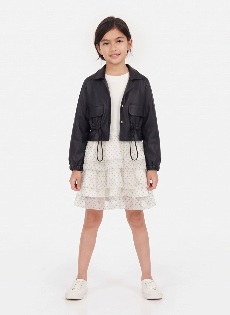 CONJUNTO NIÑA CHAQUETA CUERO Y VESTIDO TUL ELEGANTE - 4