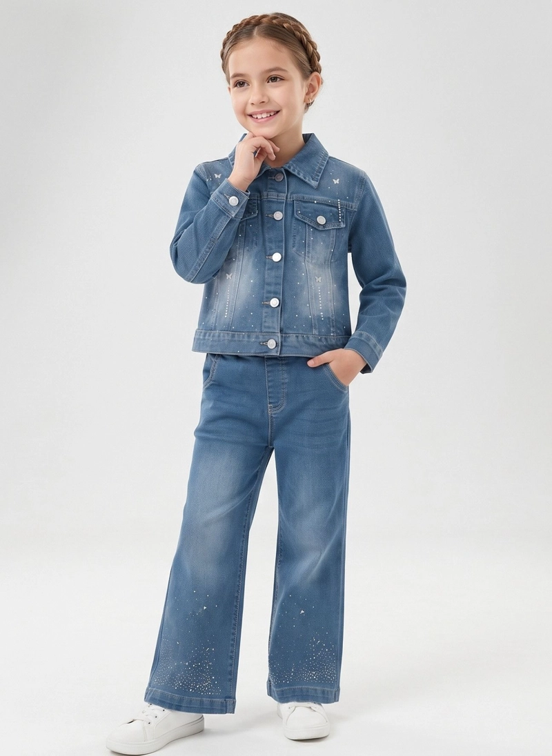 CONJUNTO MEZCLILLA NIÑA CHAQUETA Y PANTALON ANCHO BRILLOS - 1
