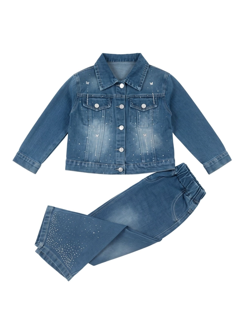 CONJUNTO MEZCLILLA NIÑA CHAQUETA Y PANTALON ANCHO BRILLOS - 2