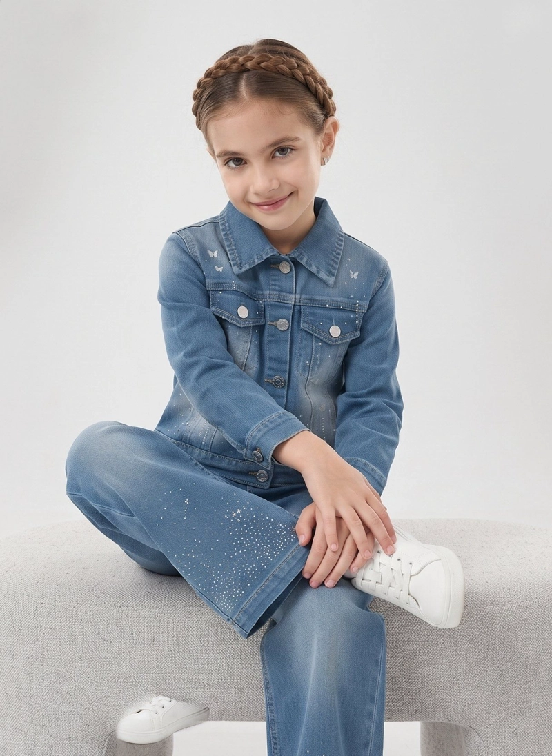 CONJUNTO MEZCLILLA NIÑA CHAQUETA Y PANTALON ANCHO BRILLOS - 3