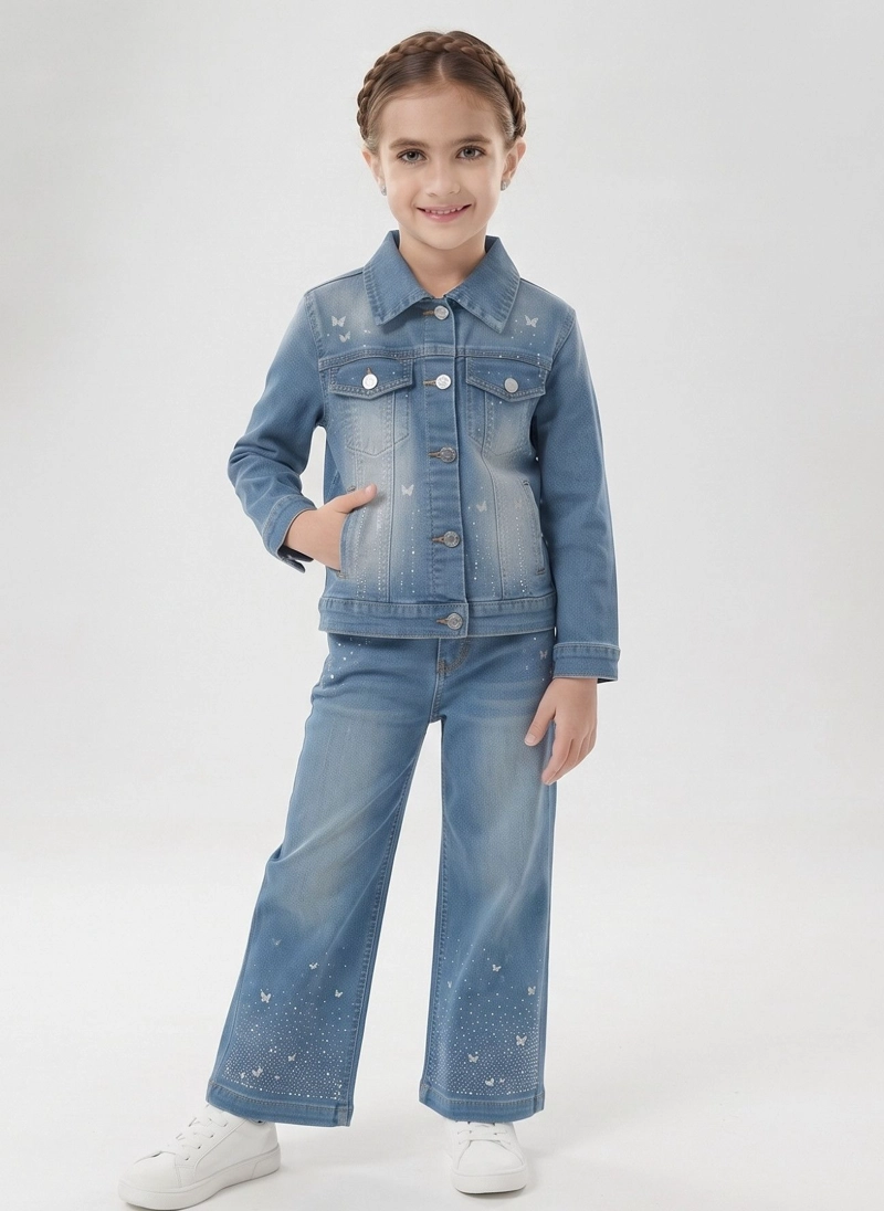 CONJUNTO MEZCLILLA NIÑA CHAQUETA Y PANTALON ANCHO BRILLOS - 4