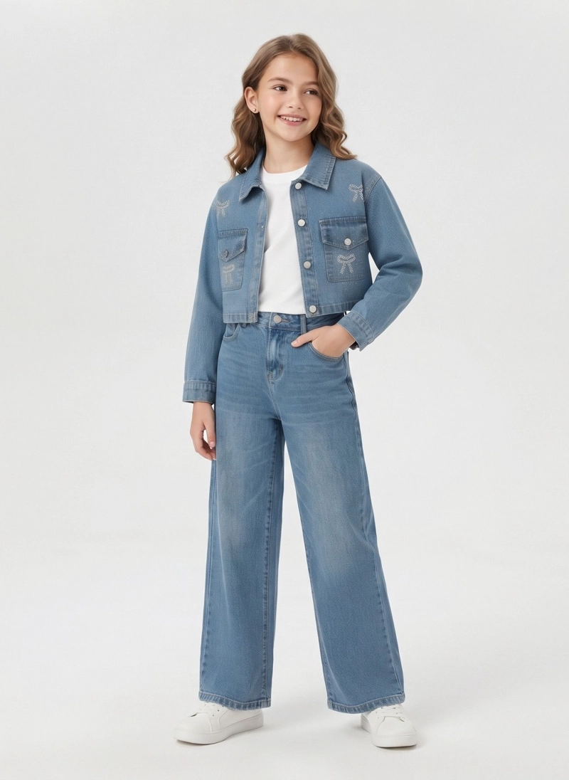 CONJUNTO NIÑA CHAQUETA CROP Y PANTALON WIDE LEG MEZCLILLA - 1