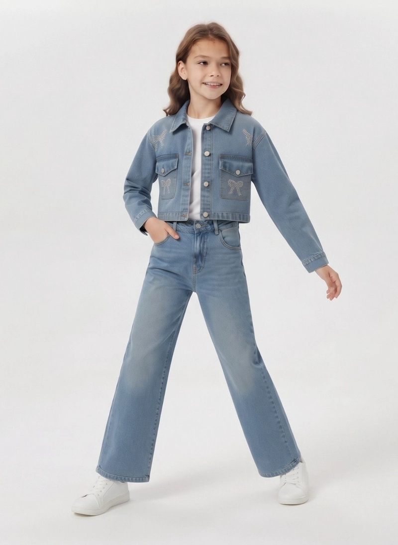 CONJUNTO NIÑA CHAQUETA CROP Y PANTALON WIDE LEG MEZCLILLA - 3
