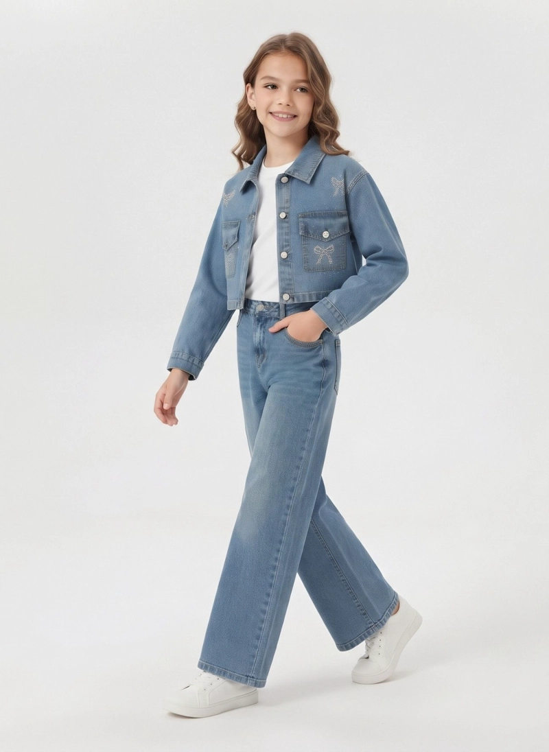 CONJUNTO NIÑA CHAQUETA CROP Y PANTALON WIDE LEG MEZCLILLA - 4