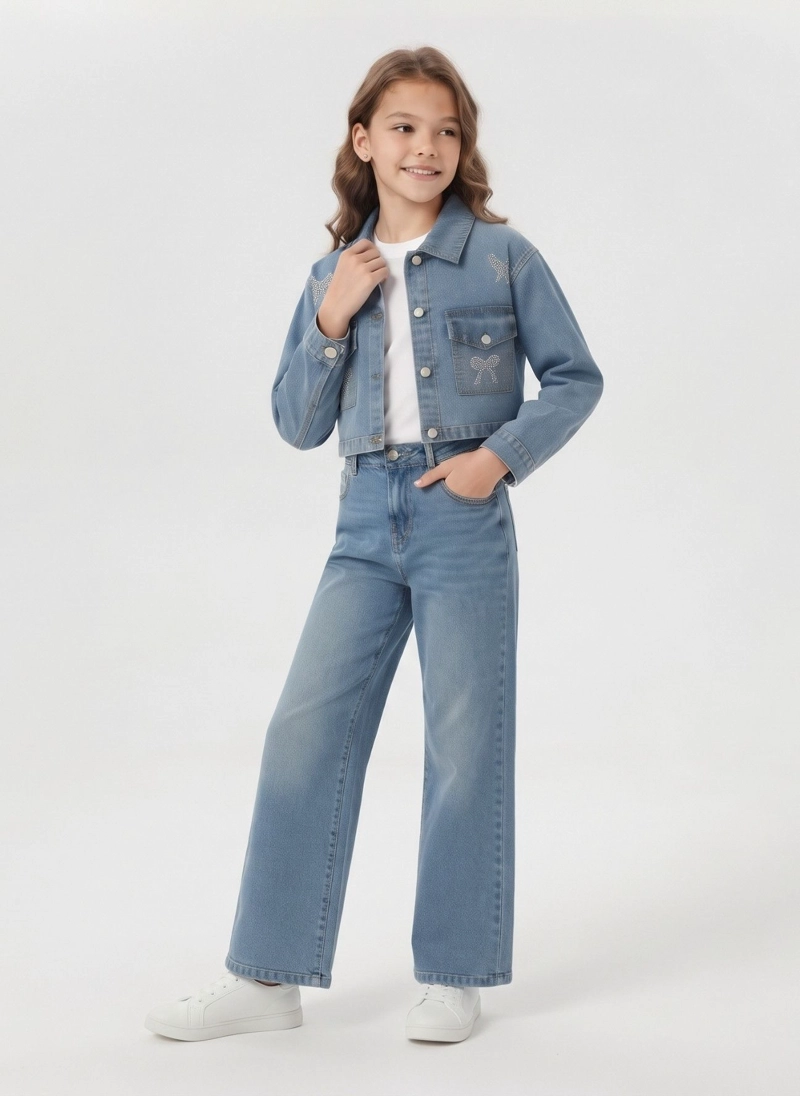 CONJUNTO NIÑA CHAQUETA CROP Y PANTALON WIDE LEG MEZCLILLA - 5