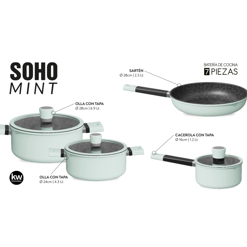 BATERIA DE COCINA 7 PIEZAS SOHO MINT ALUMINIO FORJADO - 3