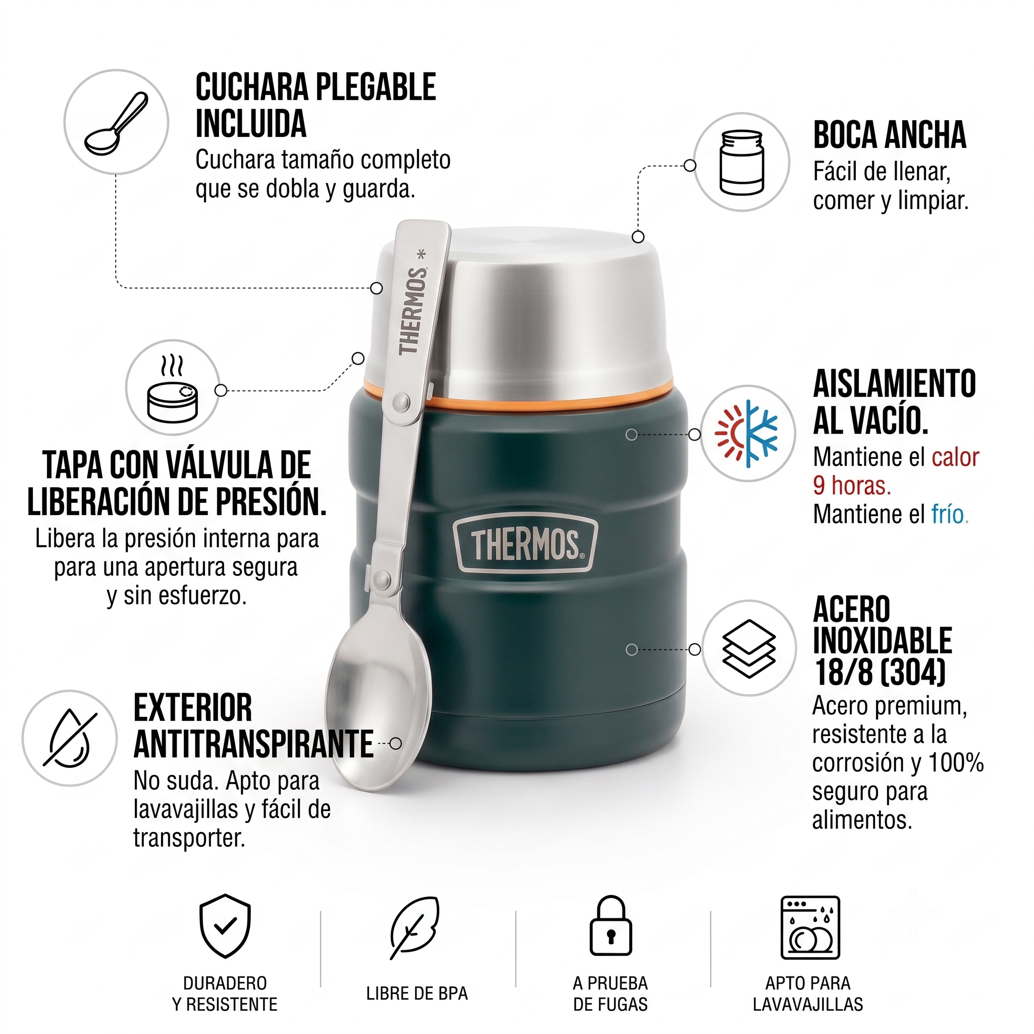 TERMO COMIDA ACERO INOX KING 470ML MATT GREEN - 2