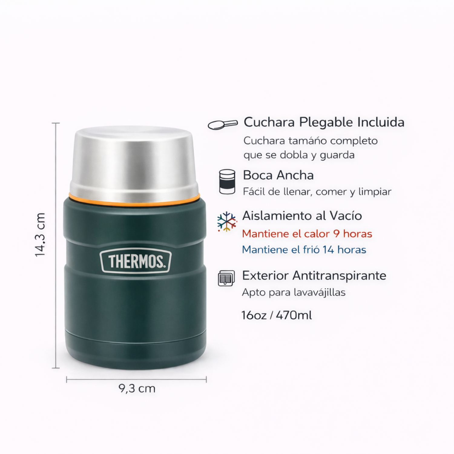 TERMO COMIDA ACERO INOX KING 470ML MATT GREEN - 7
