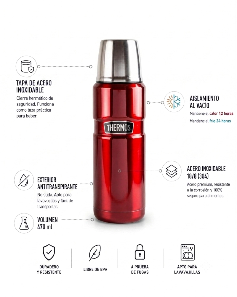 TERMO LIQUIDO ACERO INOX 470ML KING ROJO - 2