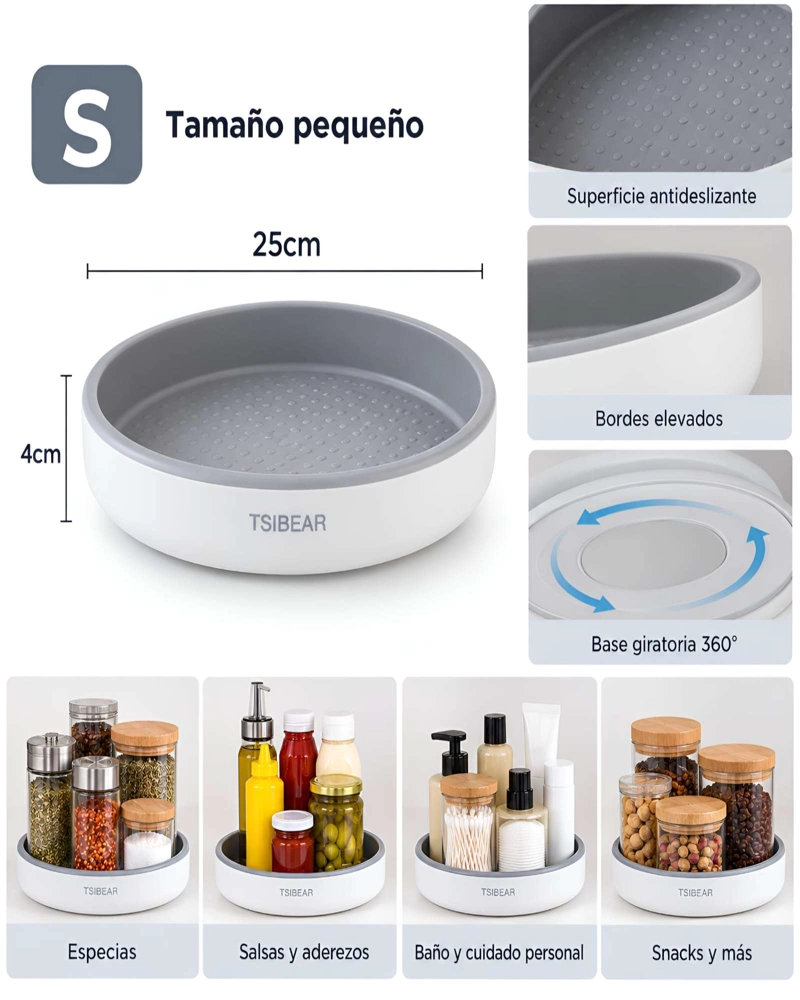 BANDEJA ORGANIZADORA GIRATORIA 360 COCINA DESPENSA BAÑO BLANCO Y GRIS - 6