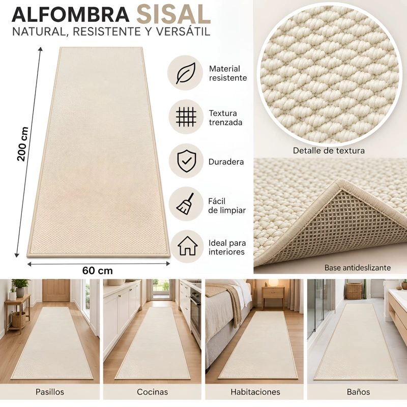 ALFOMBRA PASILLERA DURADERA 60X200 CM TIPO SISAL RESISTENTE AL ALTO TRAFICO - 7