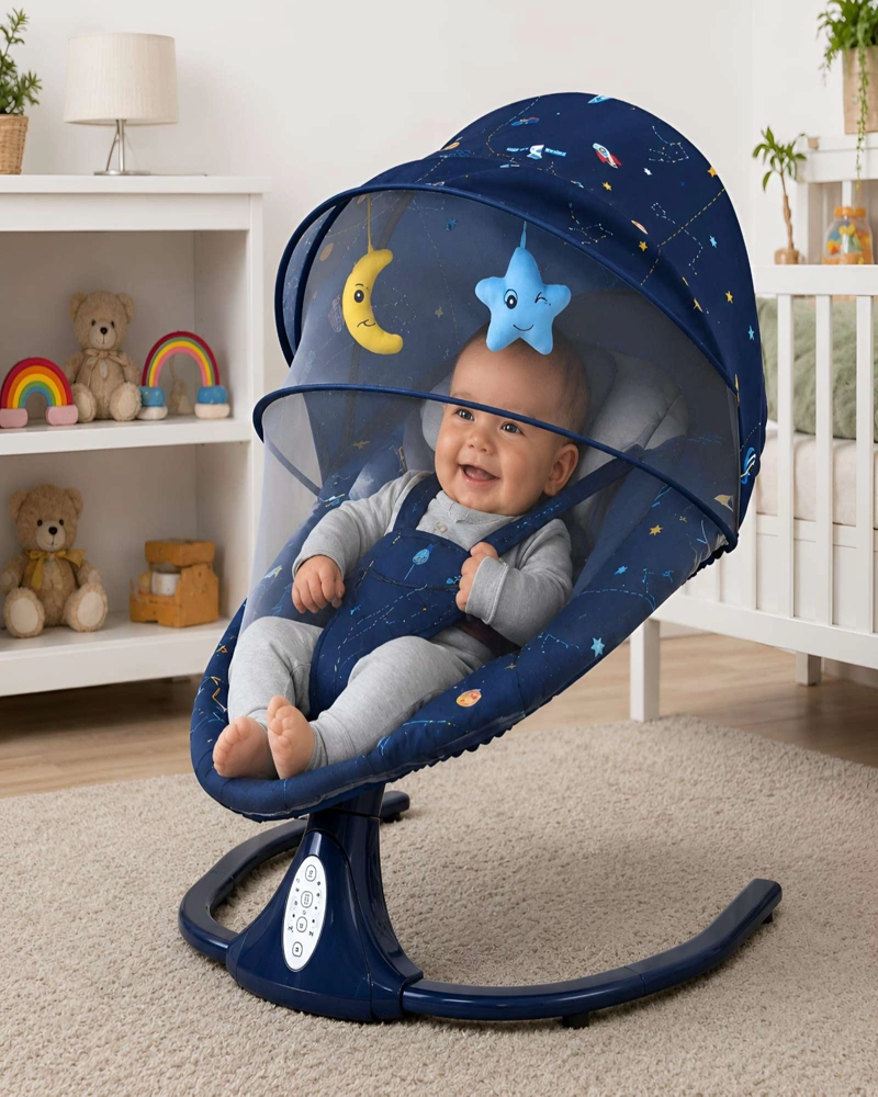 MECEDORA ELECTRICA PARA BEBE GIRATORIA 360 GRADOS CON CAPOTA Y MELODIAS - 1