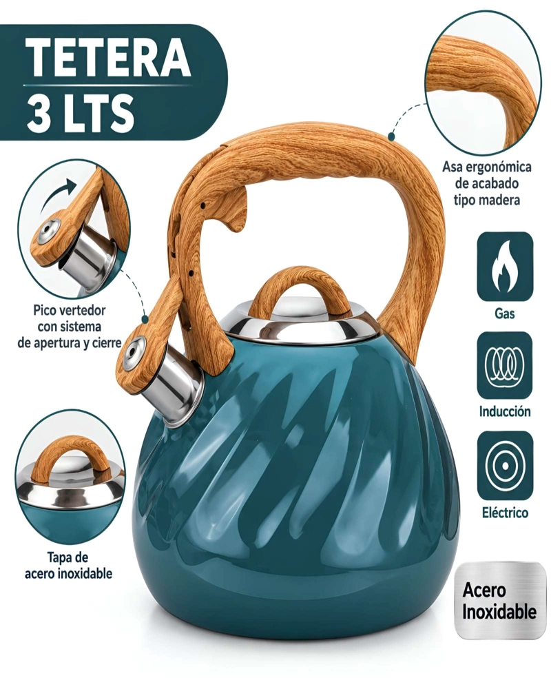 TETERA DE COCINA 3 LITROS ACERO INOXIDABLE DISEÑO NORDICO ASA ERGONOMICA - 5