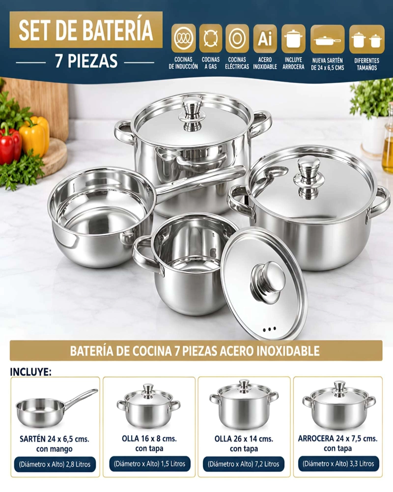 SET DE OLLAS Y SARTEN DE ACERO INOXIDABLE MALAGA 7 PIEZAS - 5