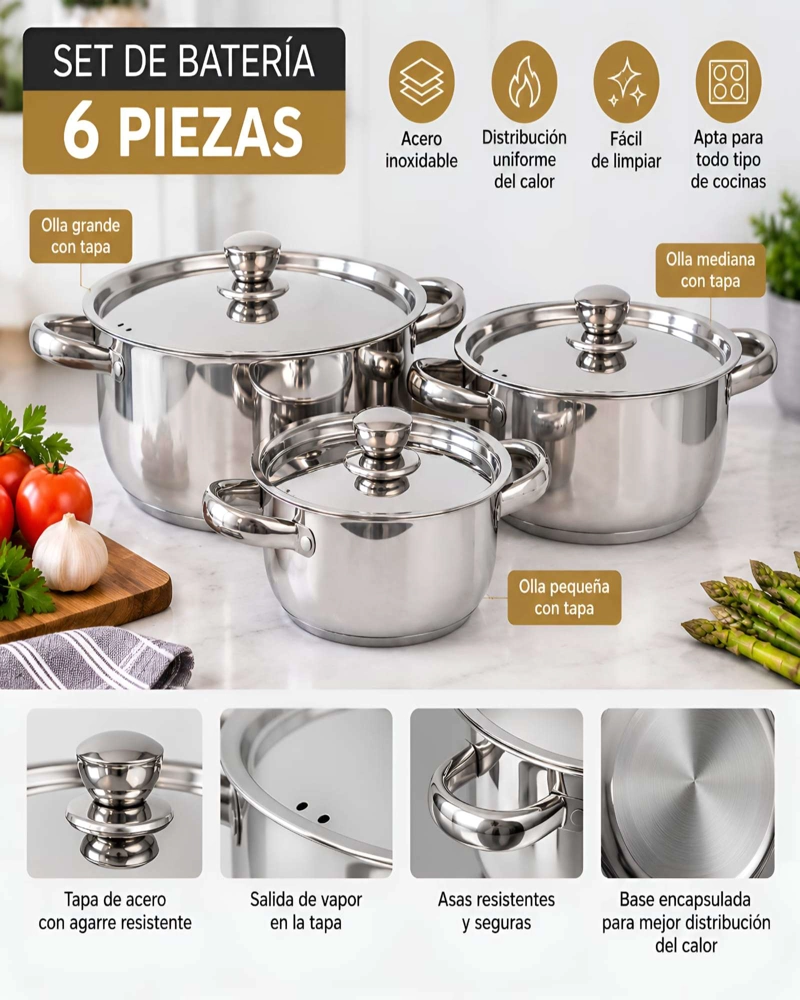 SET DE OLLAS 6 PIEZAS DE ACERO INOXIDABLE MALAGA - 5