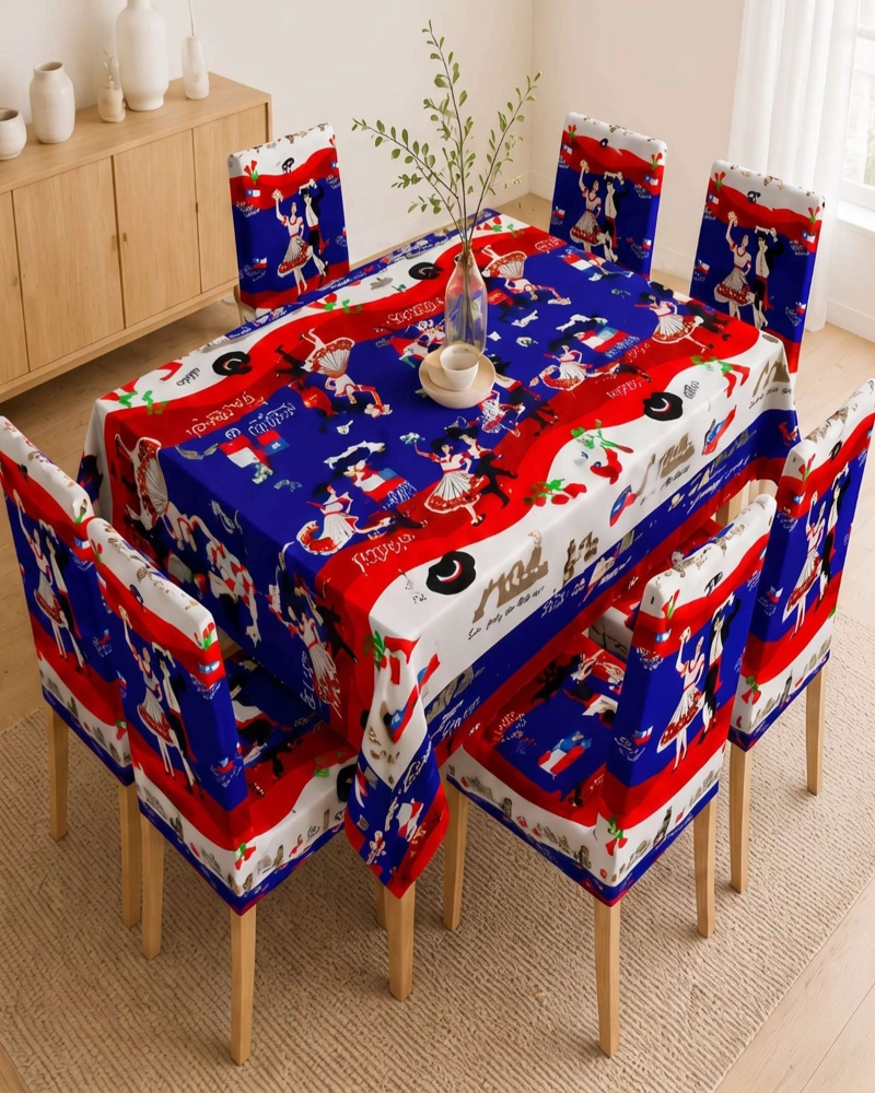 SET DECORATIVO 18 DE SEPTIEMBRE MANTEL 150X220 CM Y 6 FUNDAS SILLAS - 2