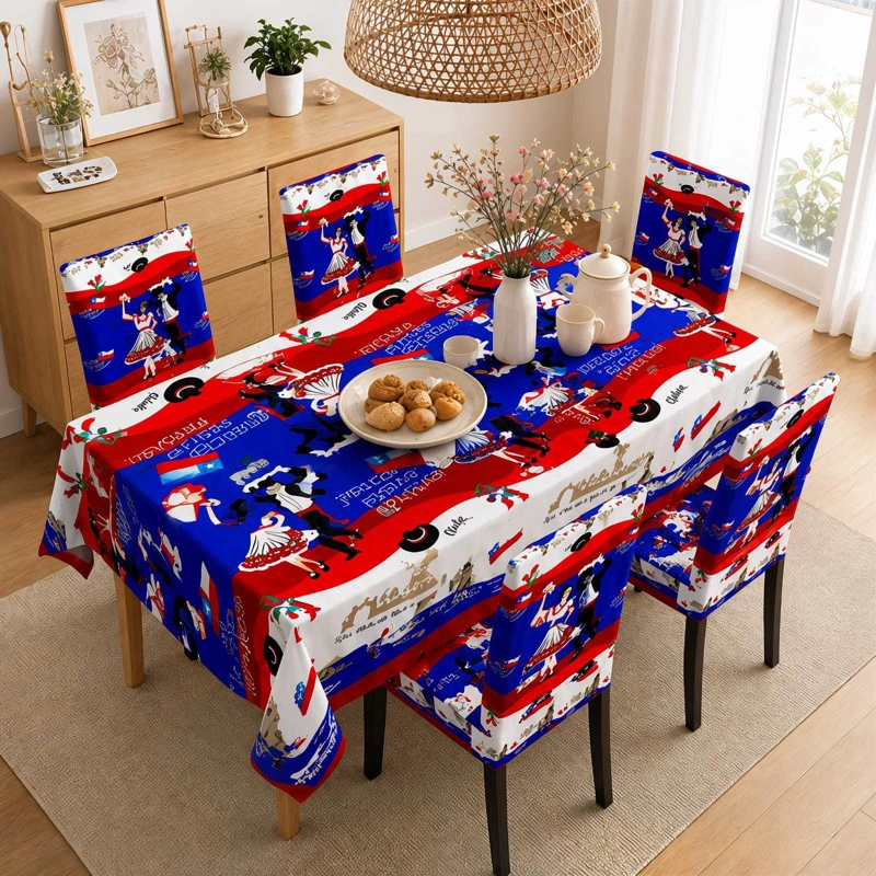 SET DECORATIVO 18 DE SEPTIEMBRE MANTEL 150X220 CM Y 6 FUNDAS SILLAS - 4