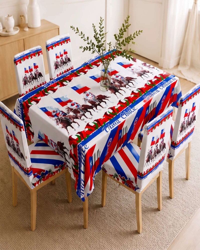 SET DECORATIVO 18 DE SEPTIEMBRE MANTEL 150X220 CM Y 6 FUNDAS SILLAS - 1