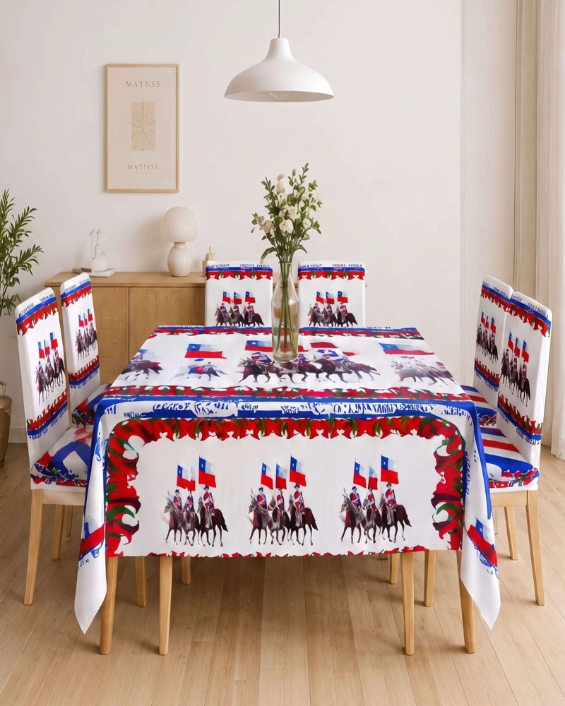 SET DECORATIVO 18 DE SEPTIEMBRE MANTEL 150X220 CM Y 6 FUNDAS SILLAS - 4