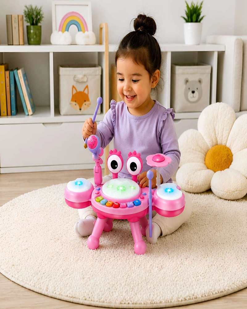 BATERIA MUSICAL INFANTIL 3 EN 1 CANGREJO CON LUCES Y MICROFONO PIANO