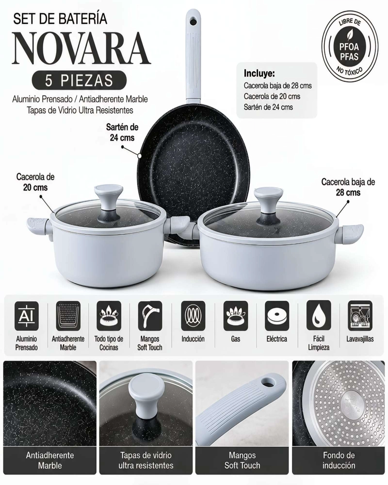 BATERIA DE COCINA DORAL KITCHEN NOVARA 5 PZS OLLAS SARTE N CON TAPAS - 5