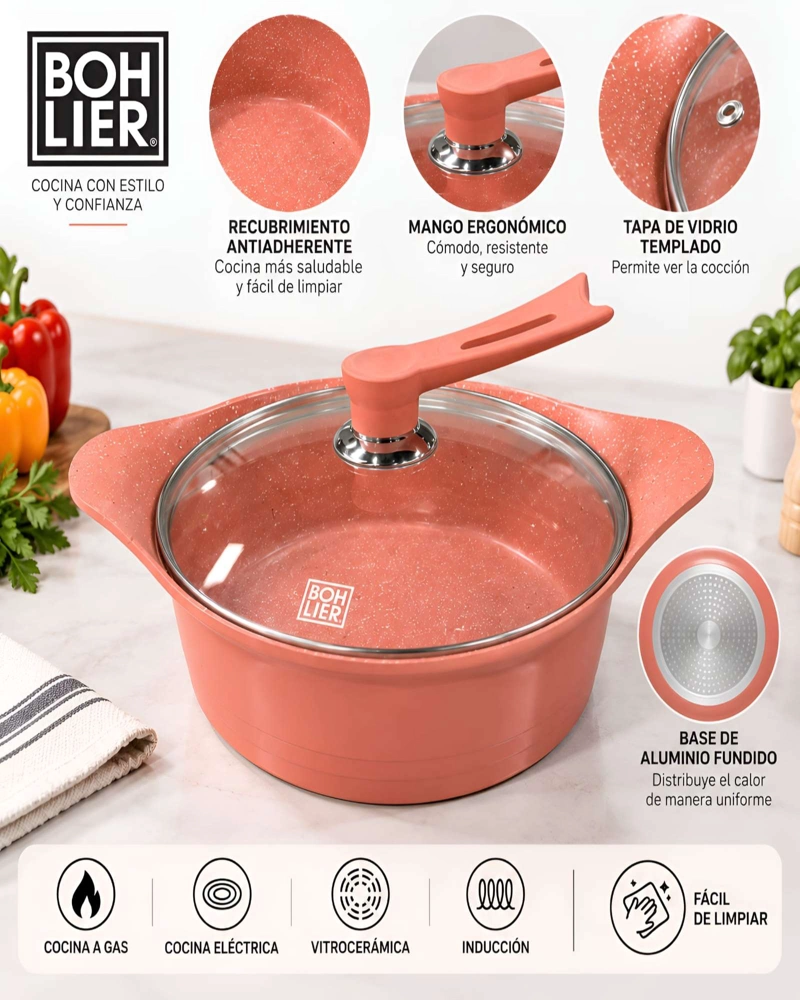CACEROLA GUISERA BOHLIER 28 CM CON TAPA VIDRIO APTA INDUCCION Y GAS - 5