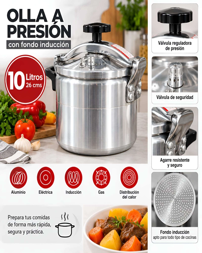 OLLA EXPRESS 10 LITROS FASTCOOK ALUMINIO CON VALVULAS DE SEGURIDAD Y TAPA - 5