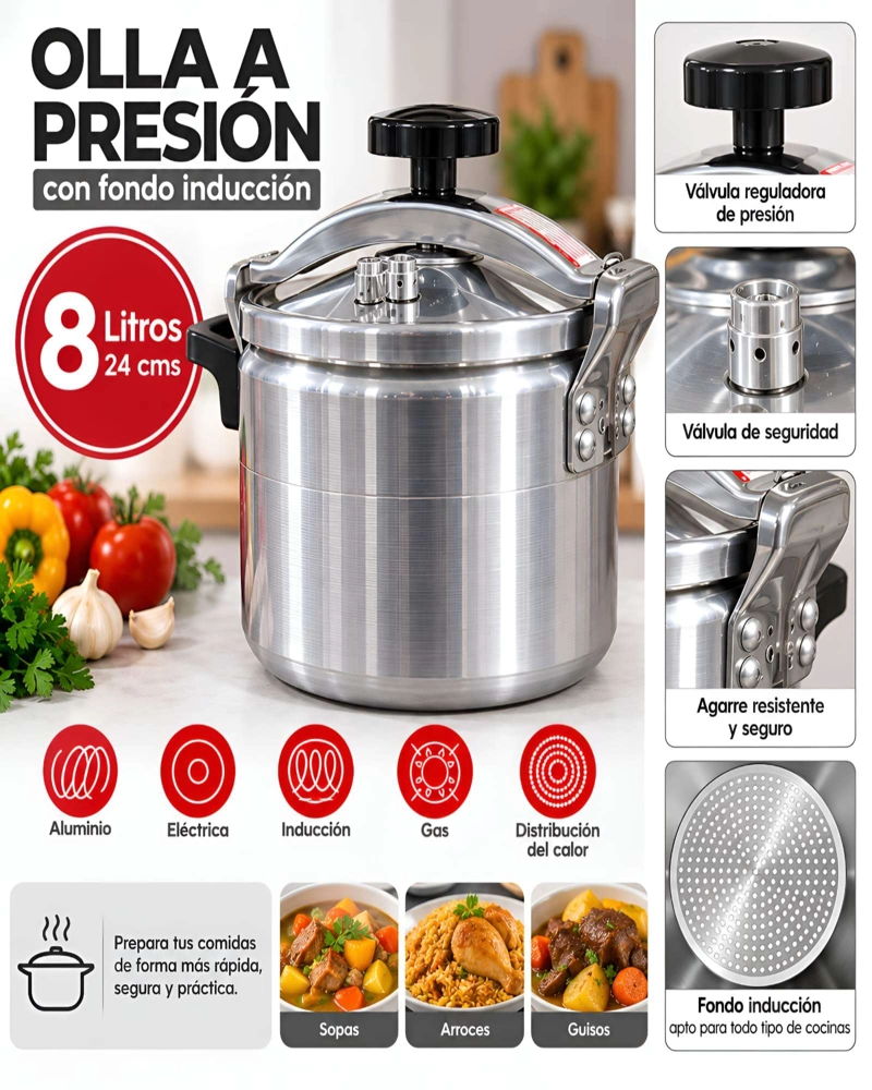 OLLA EXPRESS 8 LITROS FASTCOOK ALUMINIO CON FONDO DIFUSOR MULTICOCINA - 5