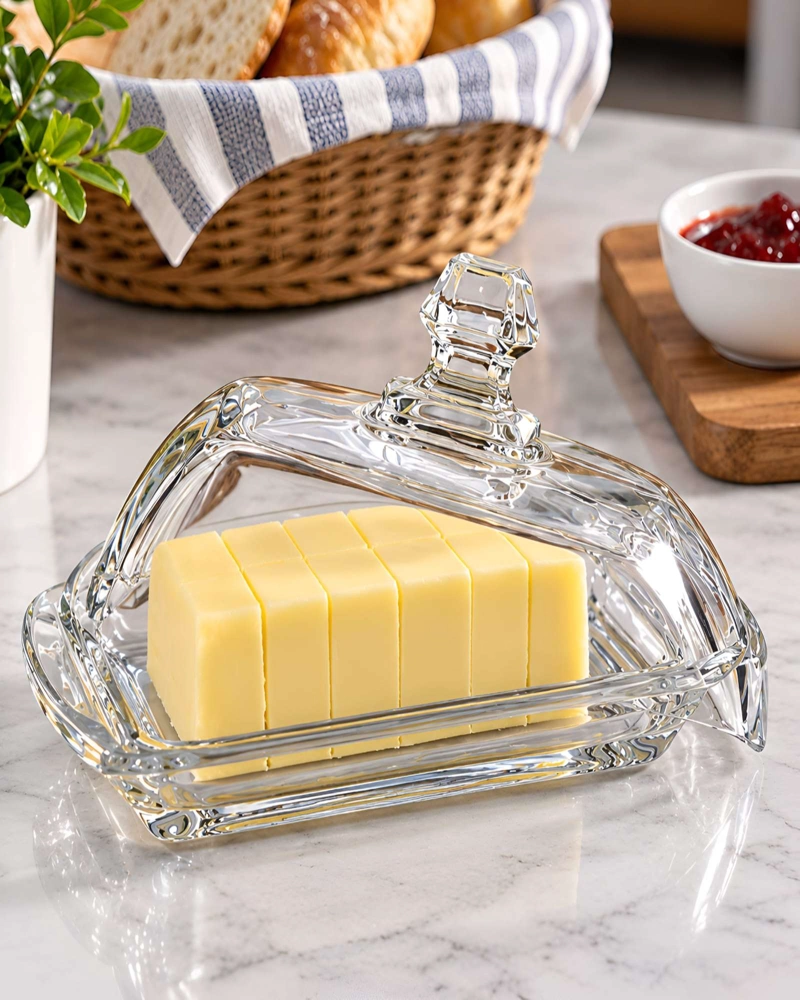 MANTEQUILLERO TRANSPARENTE DE VIDRIO 17 CM TAPA CON POMO SET 2 PIEZAS - 1