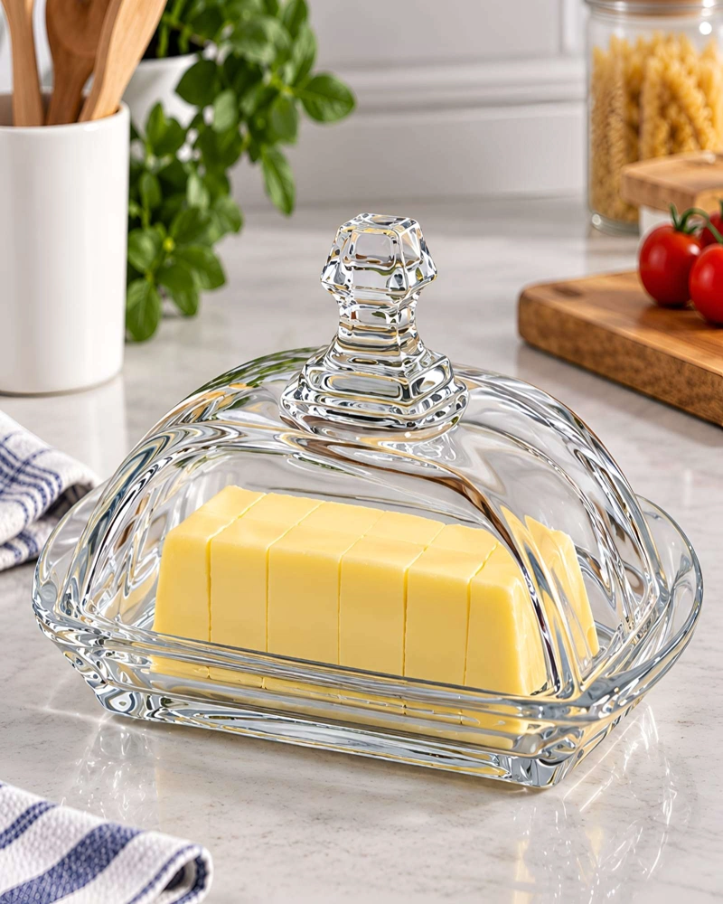 MANTEQUILLERO TRANSPARENTE DE VIDRIO 17 CM TAPA CON POMO SET 2 PIEZAS - 2