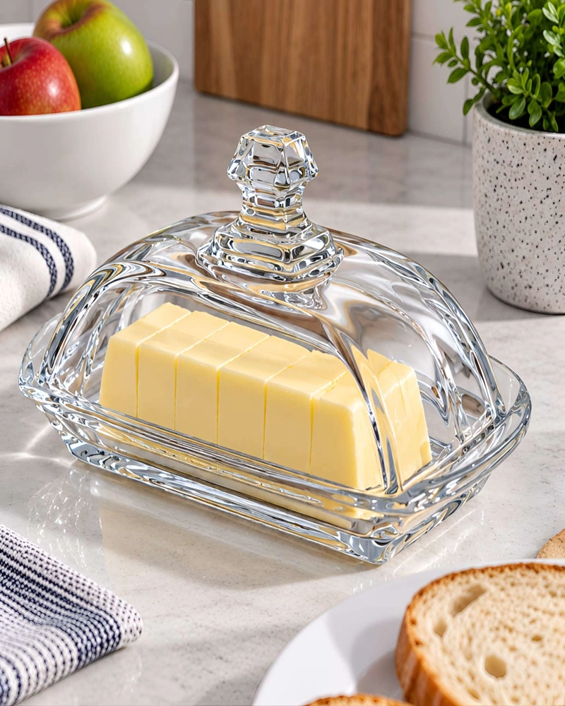 MANTEQUILLERO TRANSPARENTE DE VIDRIO 17 CM TAPA CON POMO SET 2 PIEZAS - 3