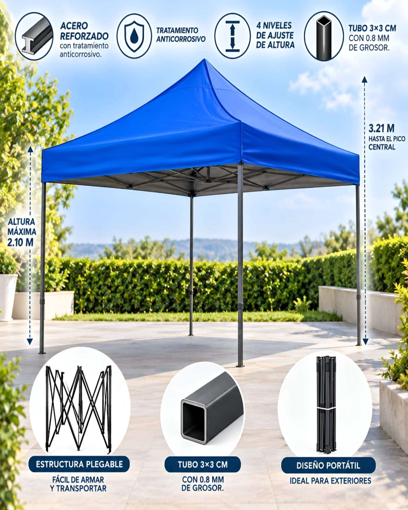 CARPA PARA EXTERIOR 3X3 METROS AZUL CON FILTRO UV Y TECHO IMPERMEABLE - 5