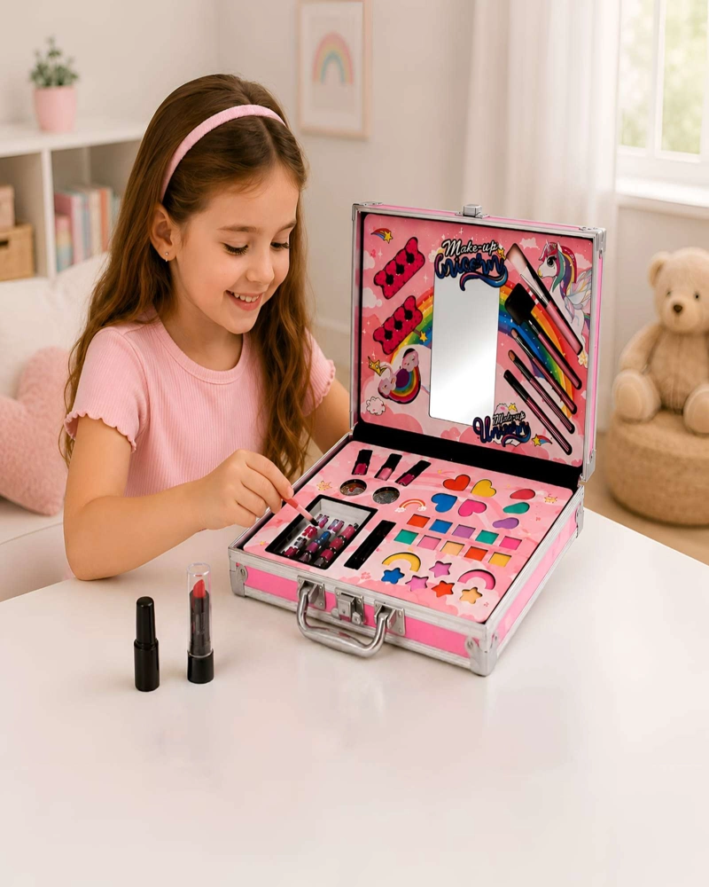 MALETA MAQUILLAJE COSME TICA INFANTIL UNICORNIO 40 PZS  JUEGO DE ROLES MANICURE Y ESPEJO INTEGRADO - 1