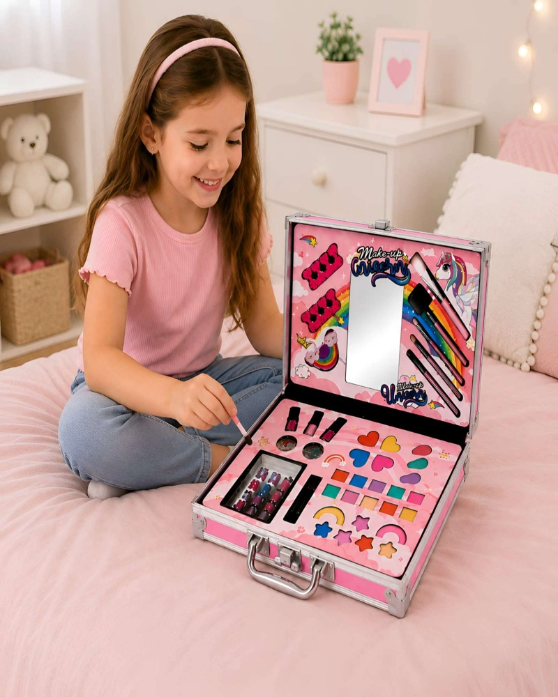 MALETA MAQUILLAJE COSME TICA INFANTIL UNICORNIO 40 PZS  JUEGO DE ROLES MANICURE Y ESPEJO INTEGRADO - 2
