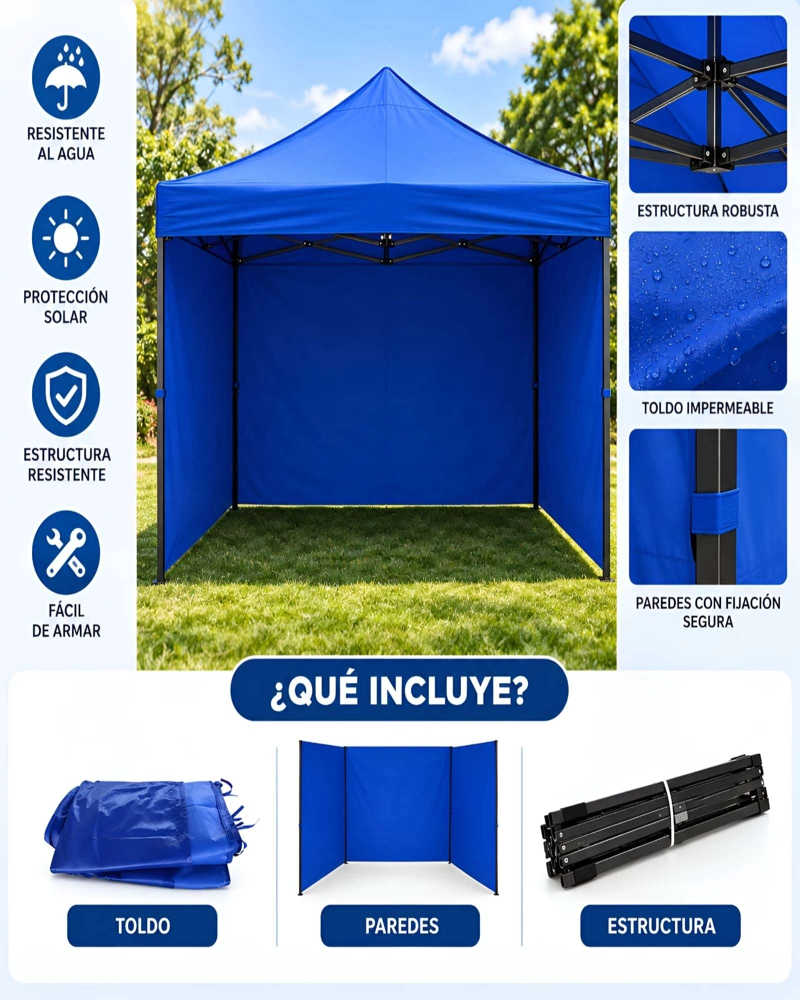 TOLDO AZUL DE 3X3M CON LONA IMPERMEABLE Y ESTRUCTURA METALICA - 5