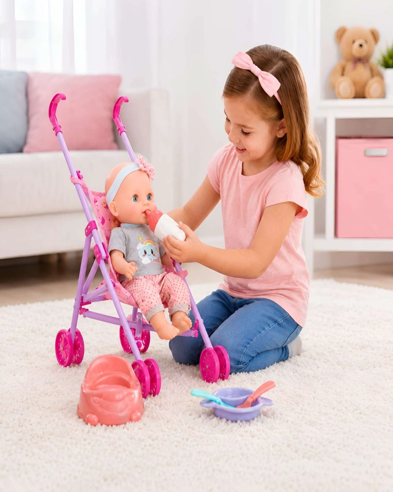 SET DE COCHE Y MUÑECA BEBE  CON ACCESORIOS DE ALIMENTACION Y ASEO  JUEGO DE ROL - 1