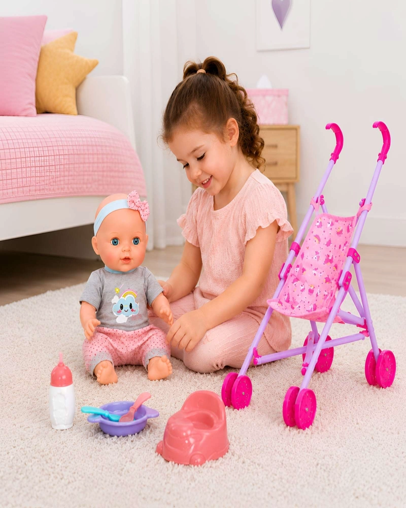 SET DE COCHE Y MUÑECA BEBE  CON ACCESORIOS DE ALIMENTACION Y ASEO  JUEGO DE ROL - 2
